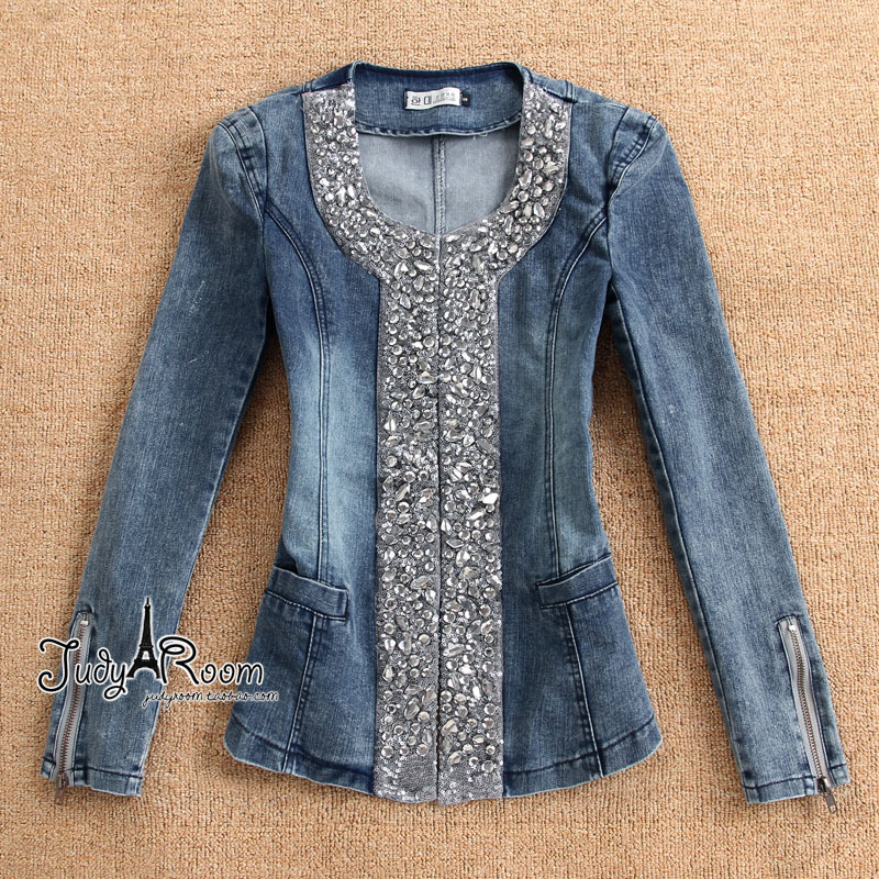 Hot-selling fashion ladies elegant handmade beading rhinestone o-neck cuff zipper denim outerwear