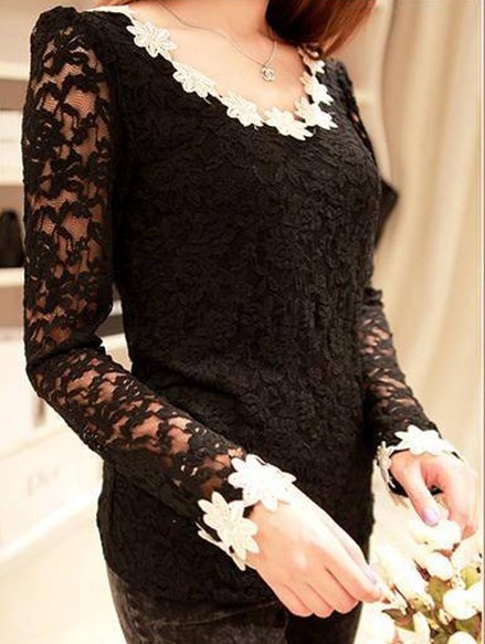 Hot-selling fashion women's 2013 6363 fresh small daisy sweet princess full lace long-sleeve basic shirt