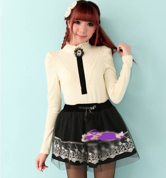 Hot-selling fashion women's 2013 new arrival 6388 stand collar ruffle hem lace decoration long-sleeve basic shirt