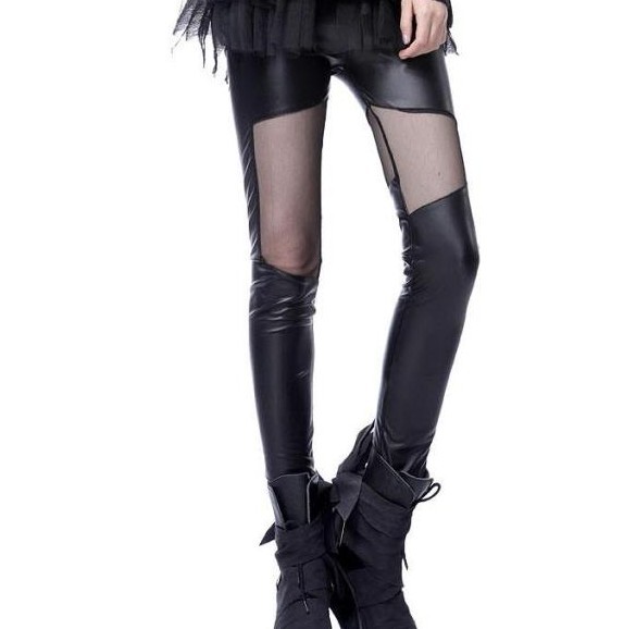 Hot-selling faux leather gauze patchwork legging personalized asymmetrical black exude ankle length trousers skinny pants