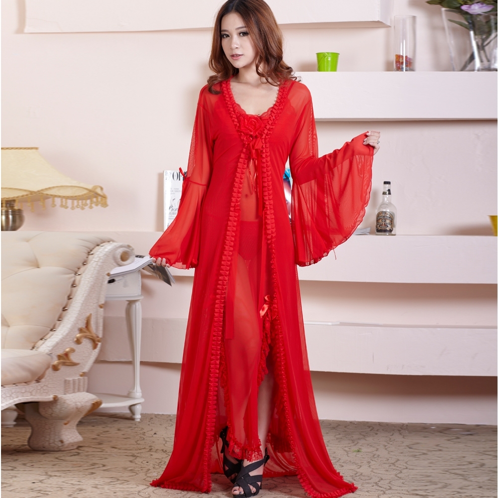 Hot-selling  Female Sexy Long-Sleeve Wide-Sleeved Gauze Side vent ultra long nightgown piece set lounge