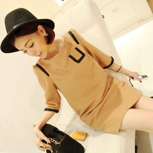 Hot-selling hot-selling  woolen one-piece dress patchwork leather small long-sleeve plus size one-piece dress