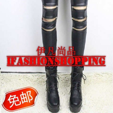 Hot-selling knee gold zipper light faux leather ankle length trousers legging slim skinny pants trousers