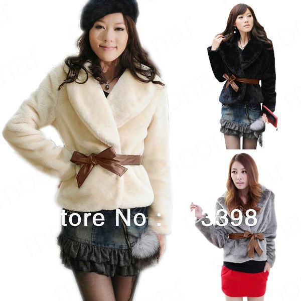 HOT Selling Korean  Style REGAL Faux Fur Rabite Hair Coat Jacket Wrap Surcoat Outcoat with belt Free Shipping e1004