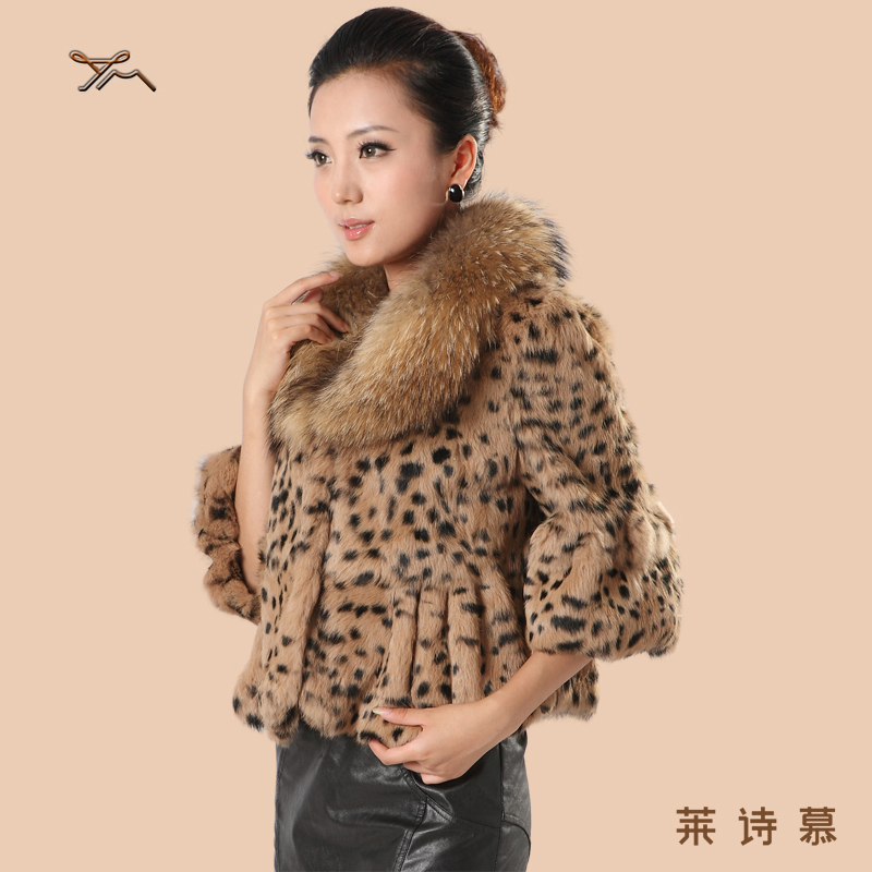 Hot-selling leopard print rabbit fur coat large raccoon fur top female autumn and winter shorts three quarter sleeve