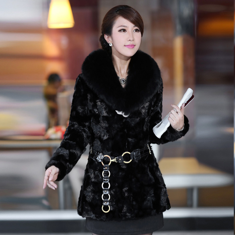 Hot-selling marten overcoat/women 100% patchwork mink fur coat with fox fur collar