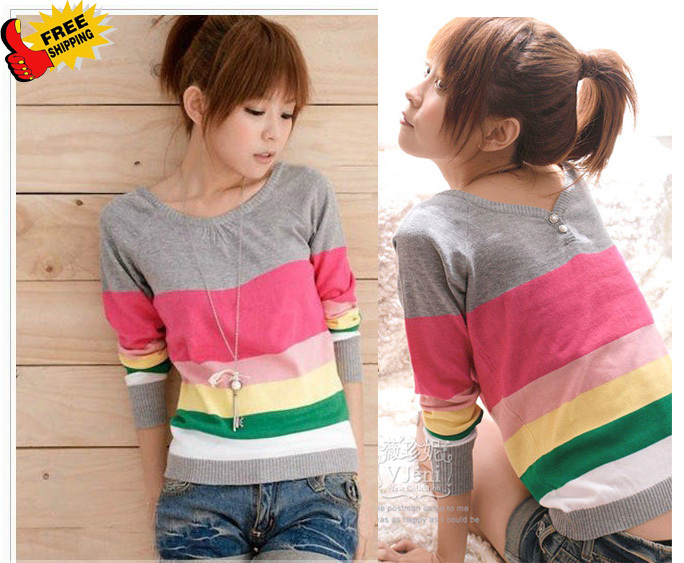 Hot selling!!New Womens Sweater Slim Both the Sweater Of Positive And Back Can Be Dressed O-neck Knitted Stripe Sweater