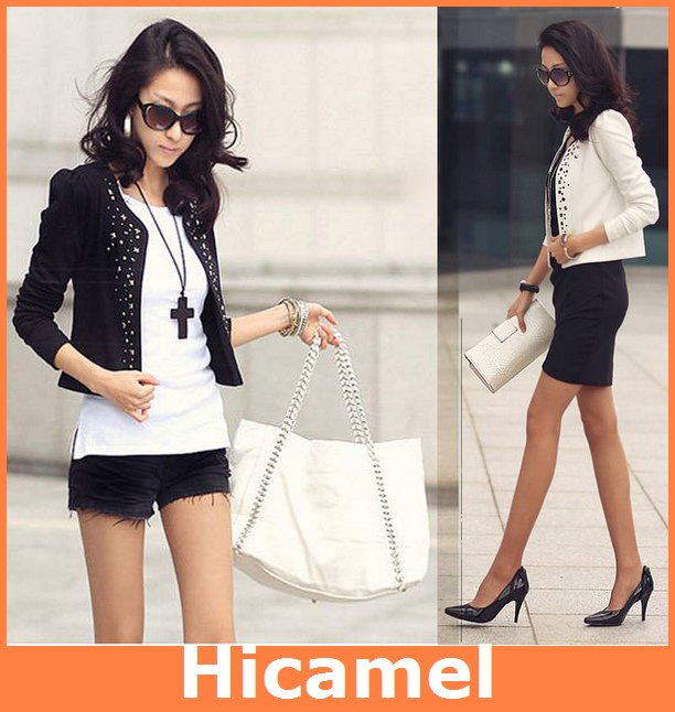 Hot Selling on Aliexpress Women Cotton Jackets Outwear Rivet Design Fashion White Black Ladies' Coat M L Size Free Shipping