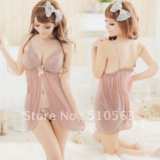 Hot-selling open front sexy sleepwear women's summer transparent lace underwear spaghetti strap nightgown twinset temptation