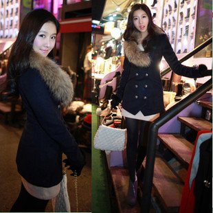 Hot-selling outerwear female ladies vintage slim fur collar double breasted woolen trench overcoat