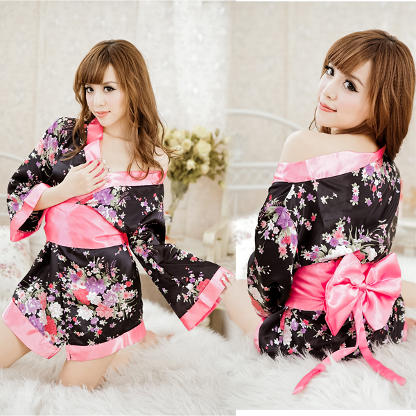 Hot-selling sexy nightgown sleepwear temptation kimono bathrobe female pink flower bathrobe big bow