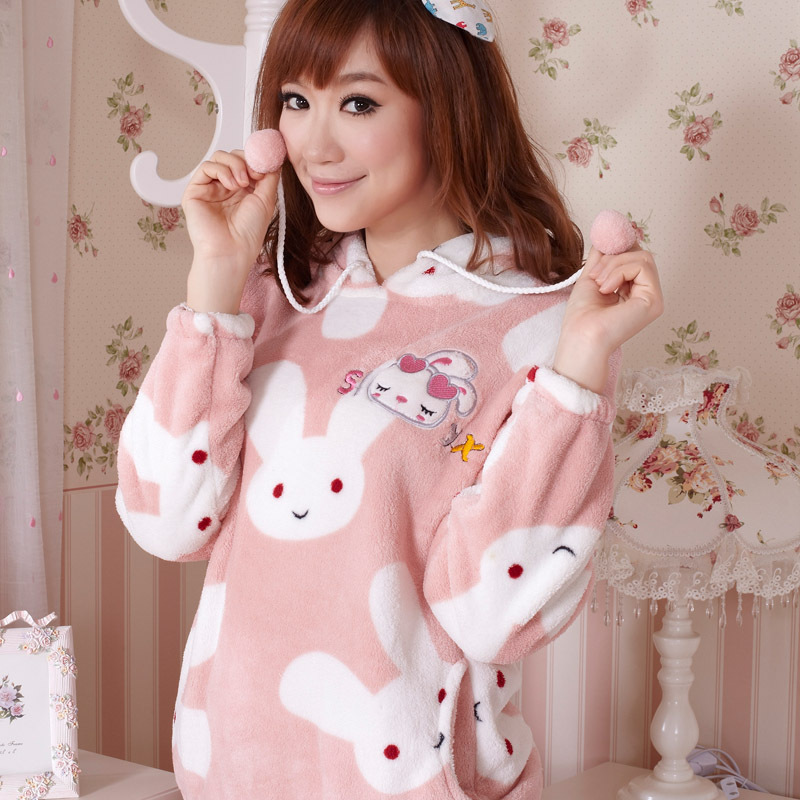 Hot-selling sleepwear coral thickening winter women's long-sleeve set rabbit thermal sleepwear