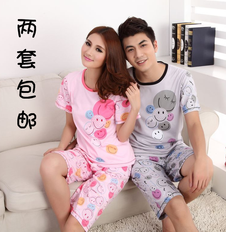 Hot-selling summer sleepwear female 100% short-sleeve cotton sleepwear cartoon lovers sleepwear male sleep set