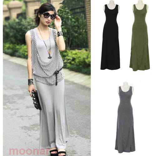 Hot Selling Women Boho Round Neck Long Maxi Slim Vest Plain Casual Dress Street Summer Wear Free Shipping  E0716