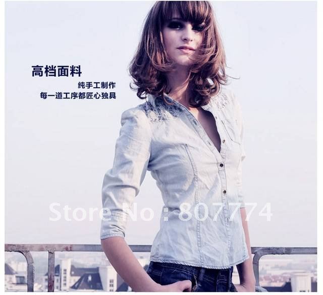 Hot selling women fashion denim shirt Blue blouse Lace slim fit shirt Very sexy Freeshipping