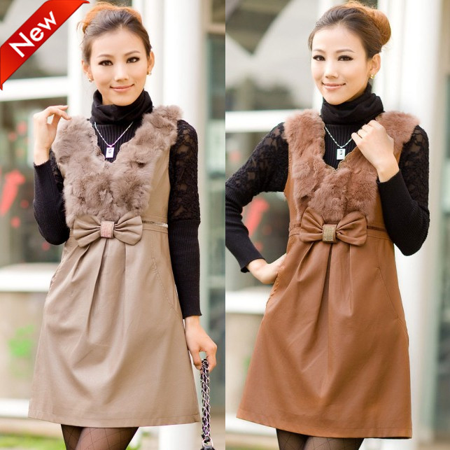 Hot-selling women's female autumn and winter new fashion slim elegant rex rabbit hair vest leather skirt basic one-piece dress