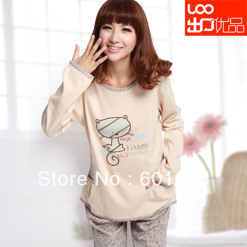 Hot-selling women's lounge set natural colored cotton long-sleeve trousers