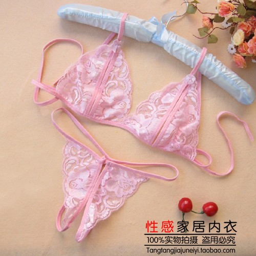 Hot-selling ! women's sexy transparent lace underwear pink bra skimpily thong sexy temptation set