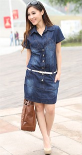 Hot-selling women's slim short-sleeve water wash denim one-piece dress plus size full dress with belt