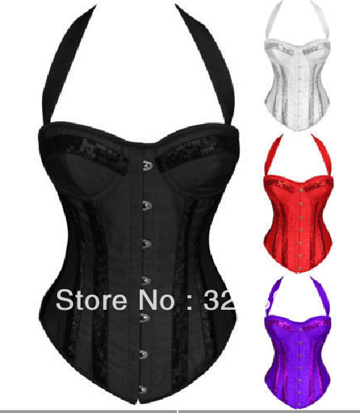 Hot Sequins Moulin Rouge Showgirl Lace up Corset Lingerie TOP Padded Cup Halter S-2XL Black Red White Purple Color