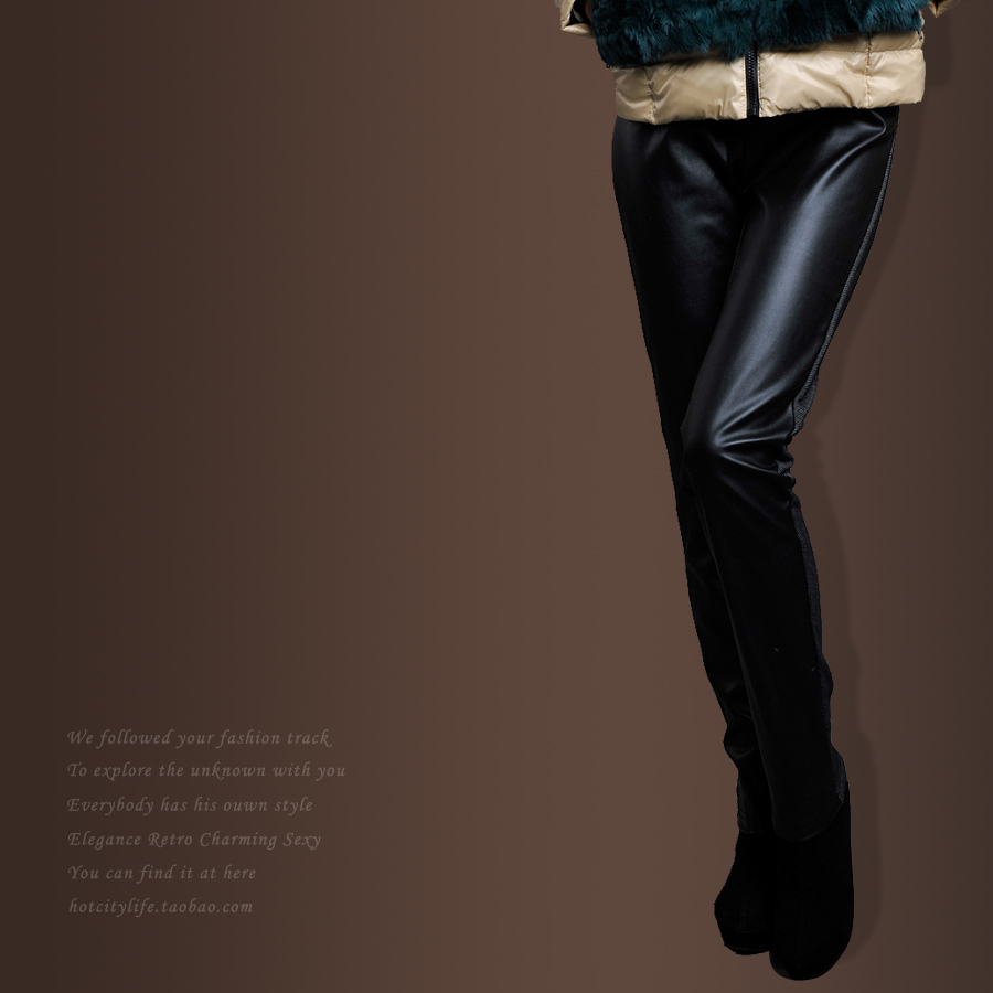 Hot spring city fashion thermal plus velvet patchwork leather pants leather female legging