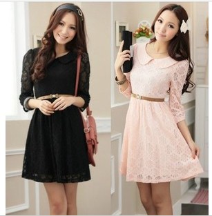 Hot style for 2013 spring women's fashion flower printed half sleeve peter pan collar slim lace chiffon dress with free belt