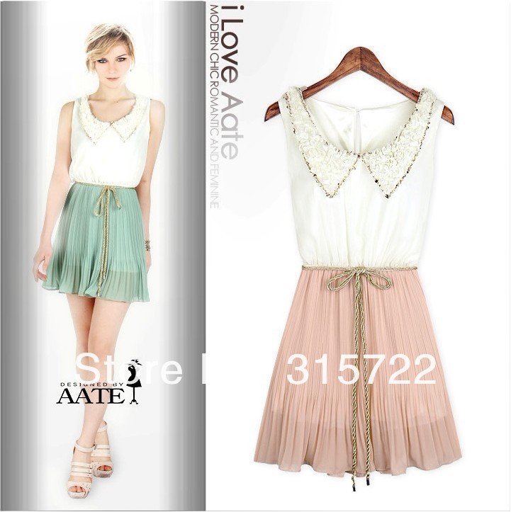 hot summer lady sweet wasit lapel sleeveless Eruopean lace collar pleated dress green,pink A-052