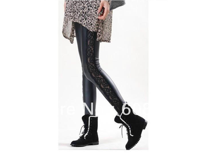 Hot! Women autumn winter fashion lace side imitation leather stretch pants ankle length leggings free shipping B0637