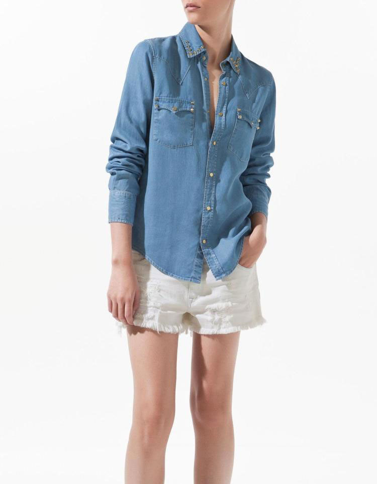 Hot Women Fashion Long Sleeve Denim Shirt with Studs Blue Colour