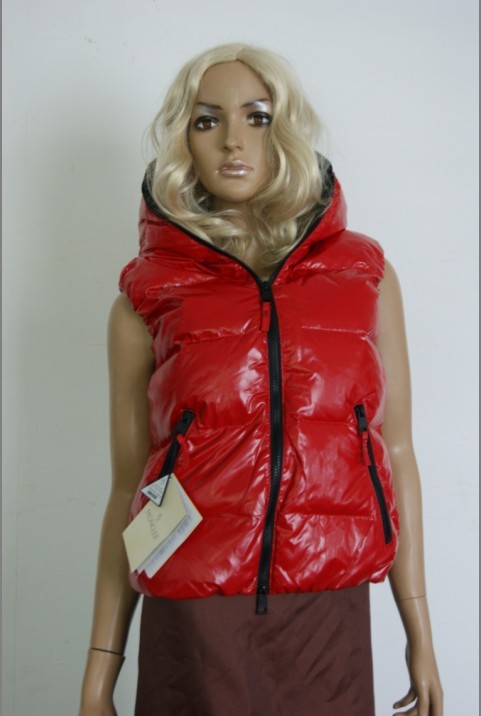 HOT Womens Hooded Real Down Vest Shiny Red Solid Zipper Authentic Bubble Down Jacket Vest Size M