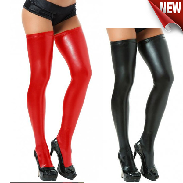 Hotsale!Wholesale Retail Sexy Lingerie Red/Black Faux Leather Vinyl Thigh Highs with G-string Sexy Stockings Set 13077