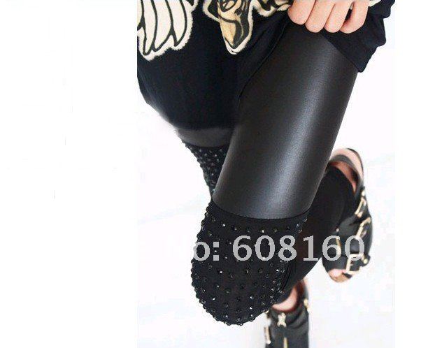 hotting sexy imitation leather rivet pants for women slim fit leggings women's stretch pants free shipping