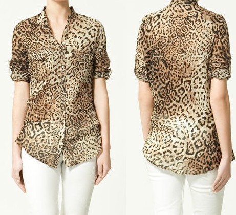 [Houchu sea with paragraph] B011 leopard women chiffon long-sleeved shirt shirt