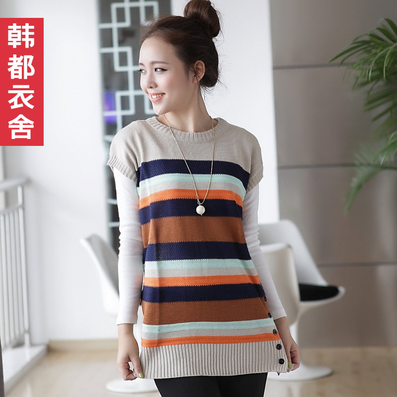 HSTYLE 2012 autumn women's sleeveless o-neck multicolour stripe sweater pc2113