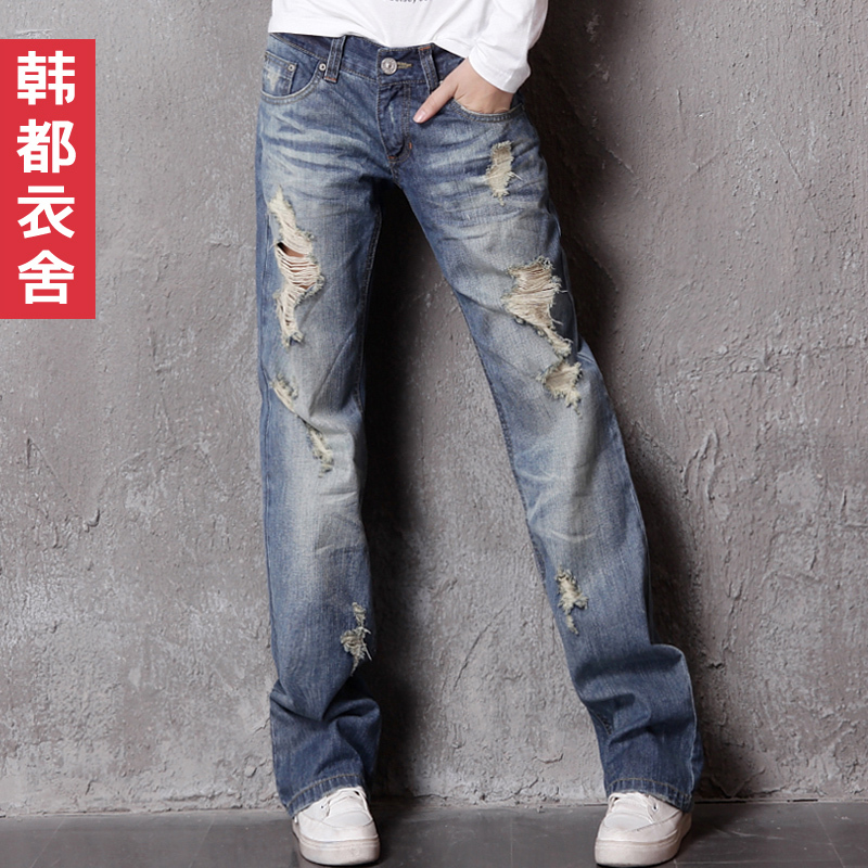 HSTYLE 2012 retro finishing hole mid waist straight jeans female trousers 9b02 chokecherry