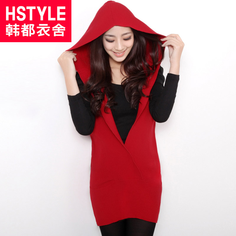 HSTYLE 2012 with a hood solid color medium-long pullover sleeveless sweater female du0677 chokecherry