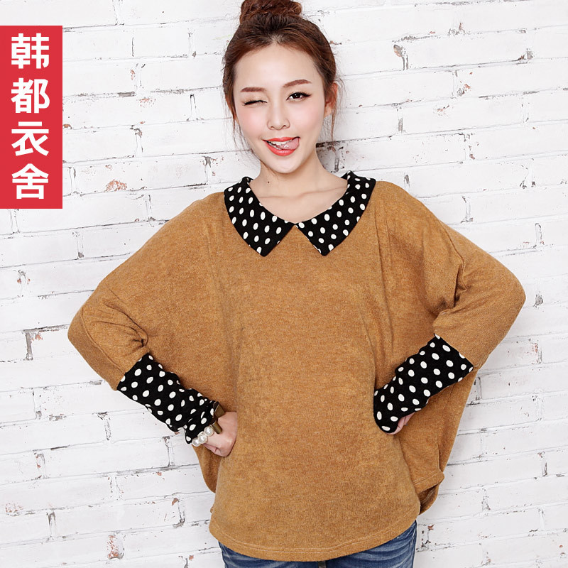 HSTYLE 2013 spring and autumn peter pan collar polka dot color block decoration loose batwing sleeve sweater