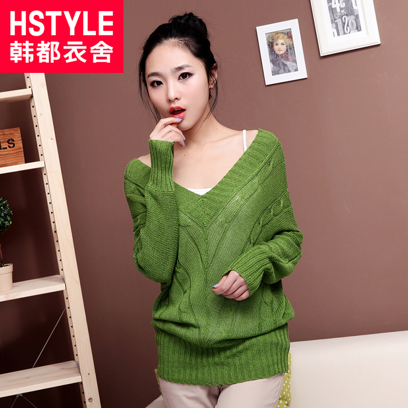 HSTYLE 2013 spring solid color long-sleeve V-neck batwing sleeve sweater female eq0920