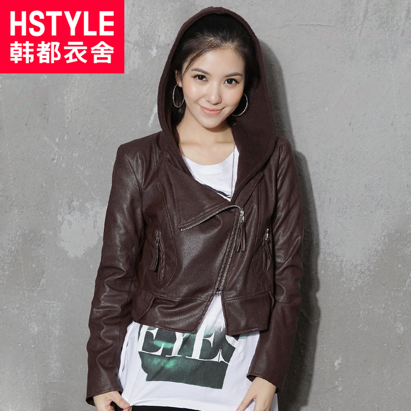 HSTYLE 2013 spring women's short design hooded slim motorcycle leather clothing ov2030