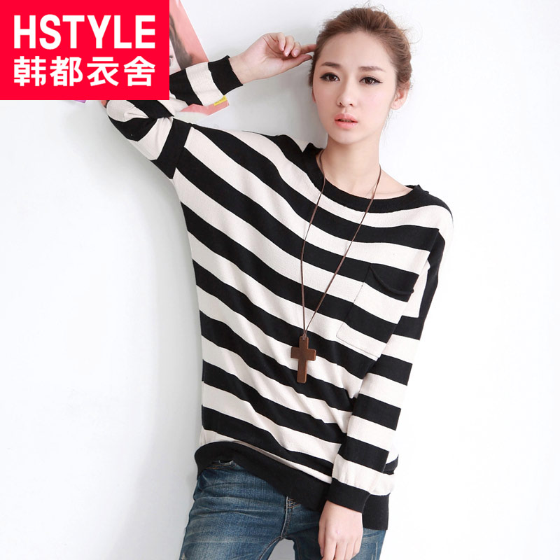 HSTYLE 2013 spring women's stripe long-sleeve medium-long sweater mv1024