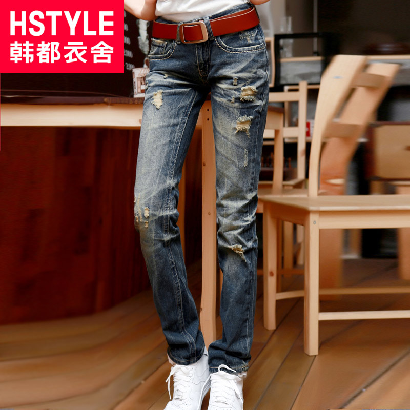 HSTYLE 2013 summer female water wash distrressed jeans hc1008 wearing white