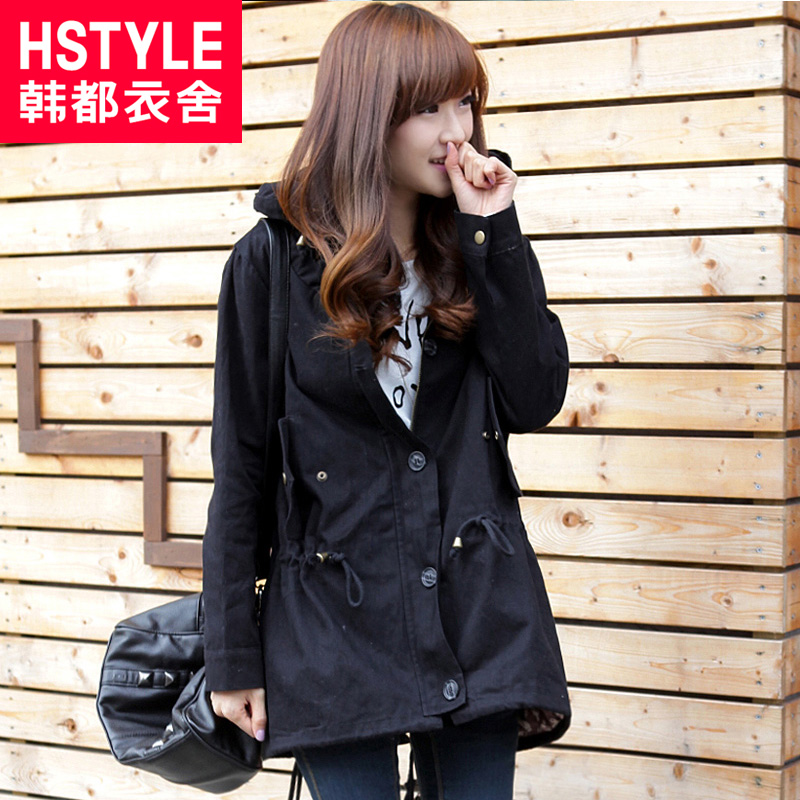 HSTYLE women's 2013 spring black slim medium-long trench yk0078 1206