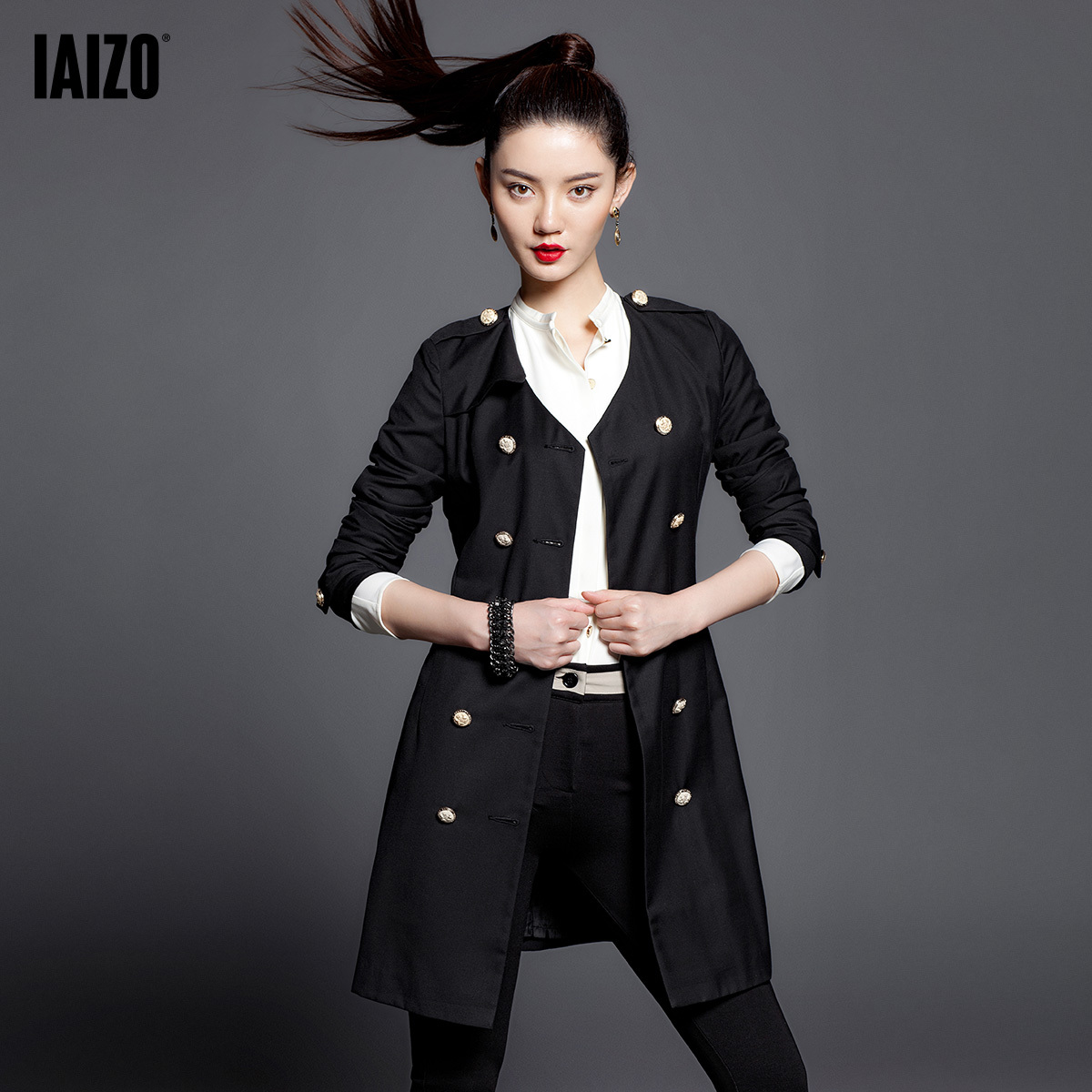 Iaizo all-match lacing female outerwear double breasted long design V-neck women's trench