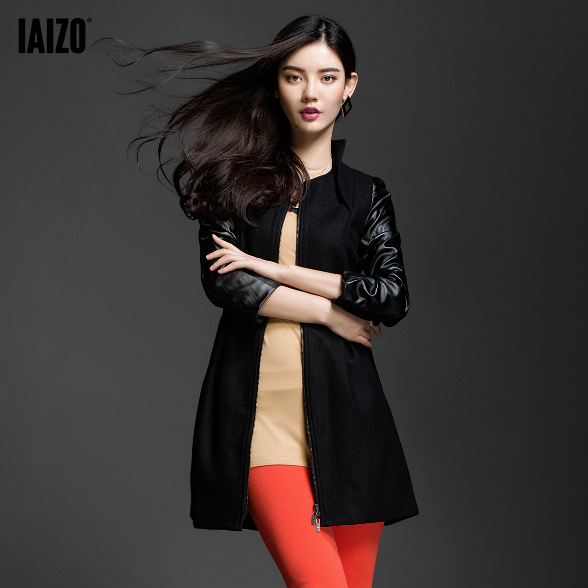 Iaizo fashion women's patchwork leather long design slim stand collar wool coat outerwear