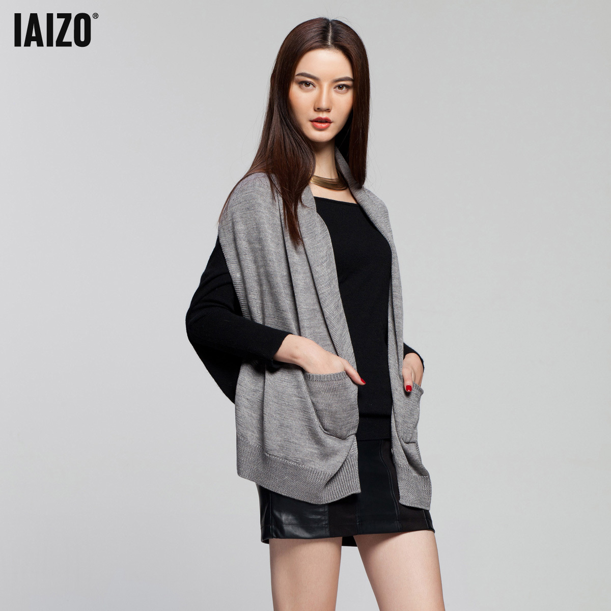 Iaizo high quality fashion single breasted shoulder cape type cardigan wool sweater female 11m30007