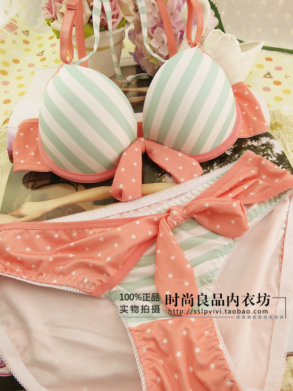 Ice cream halter-neck navy stripe bra underwear set glossy seamless push up bra