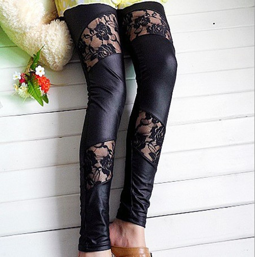 Imitation leather lace leggings Free Shipping 3032