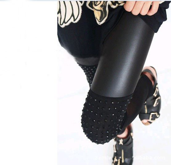 Imitation leather modal leggings With Rhinestone Free Shipping 3030