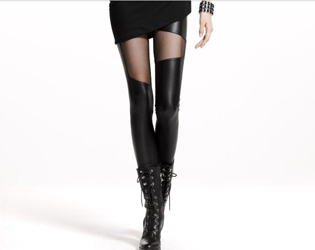 Imitation leather pants net yarn personality splicing nine points backing pants  Christmas promotion