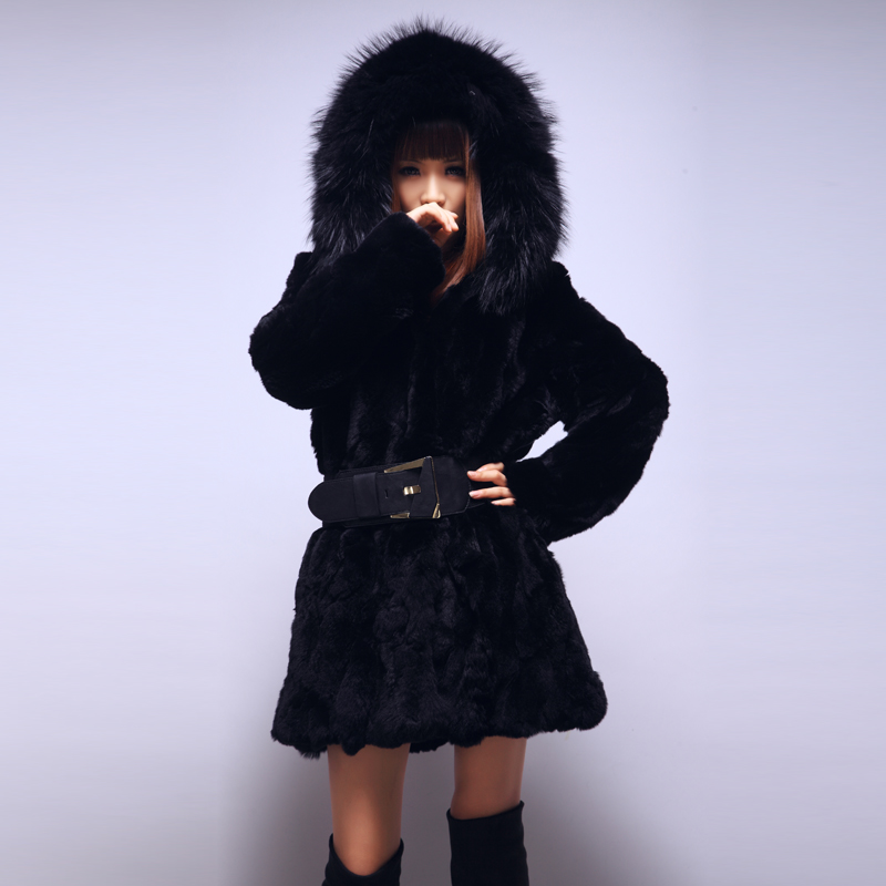 (In stock)2012 New Winter Long-sleeve Womens Slim Rabbit Fur Coat Hoodie Large Raccoon Fur Collar Overcoat Supply,Free Shipping